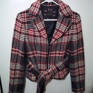 Short fitted blazer/size small/ red plaid and houndstooth print with belt